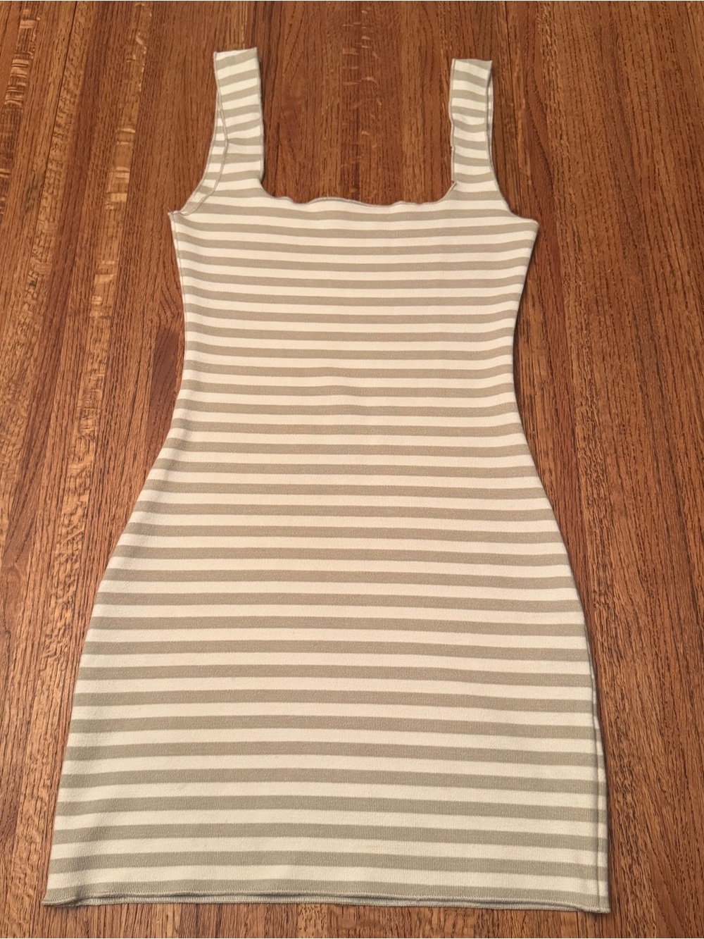 ZARA Striped Ribbed Knit Square Neck Bodycon Mini Dress Tan Cream Small